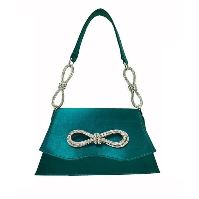 Lux Design Handbag for Women Satin Rhinestones Bow Evening Bag Lady Fashion Cute Purse Party Chain Shoulder BagGreen